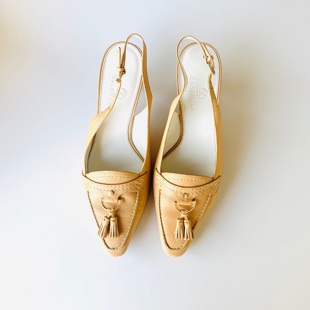 Cole Haan Tan Leather Slingback Tassel Loafers